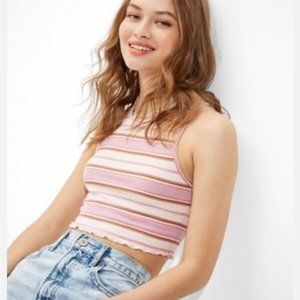 ☀️ 3/$15 American Eagle Soft & Sexy Rib AE Striped High-Neck Crop Tank Pink